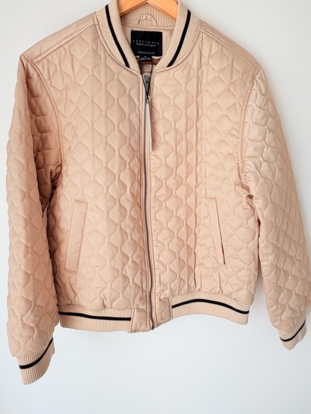 Sanctuary Quilted Bomber Jacket in Light Beige with Black Trim